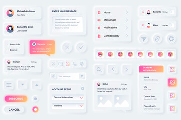 User interface elements for social network mobile app. Unique neumorphic design UI, UX, GUI, KIT elements template. Neumorphism style. Different form, components, button, menu, media vector icons.