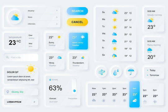 User interface elements for weather forecast mobile app. Unique neumorphic design UI, UX, GUI, KIT elements template. Neumorphism style. Different form, components, button, menu, weather vector icons.