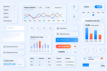 User interface elements for data analisys mobile app. Unique neumorphic design UI, UX, GUI, KIT elements template. Neumorphism style. Different form, components, button, menu, analisys vector icons. - obrazy, fototapety, plakaty