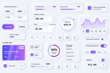 User interface elements for finance service mobile app. Unique neumorphic design UI, UX, GUI, KIT elements template. Neumorphism style. Different form, components, button, menu, finance vector icons.