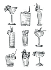 Hand drawn sketch set of drinks in cocktail glasses. Alcohol beverages. Cocktail drink in highball glass, champagne saucer, rocks glass, shot glass, zombie glass, balloon wine glass, martini glass 