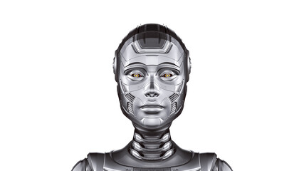 3d render of a very detailed robot woman or futuristic cyber girl. Fornt view of the head isolated on white background