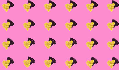 Obraz na płótnie Canvas Heart shaped macaroni pattern with shadow on pink background. Favorite dishes. Product templates, templates, backgrounds.