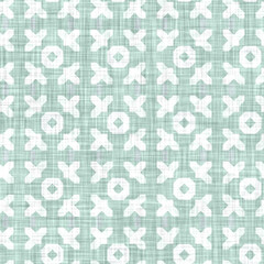 Aegean teal mottled geo patterned linen texture background. Summer coastal living style home decor fabric effect. Sea green wash grunge distressed geometric grid. Decorative textile seamless pattern
