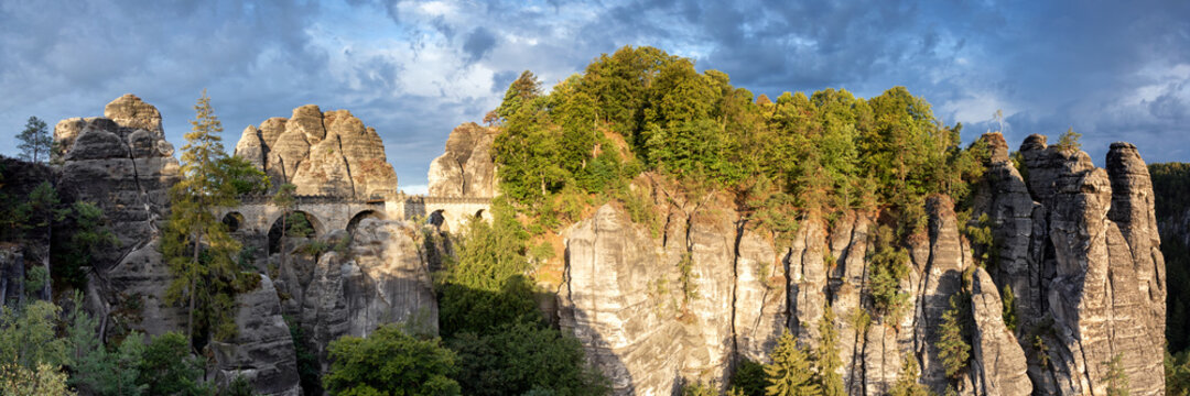 Panorama of the Bastei bridge at the Bastei sandstone mountains