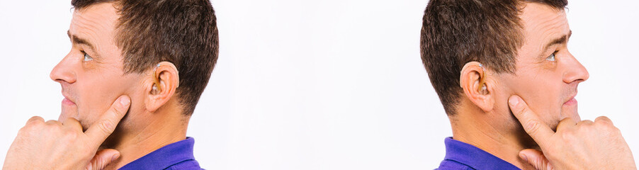 Obraz premium Banner, long format. Mirror image of a caucasian man with a hearing aid on a white background.