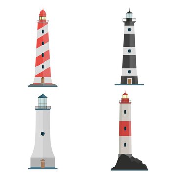 Set of lighthouse icon. Red, black, white lighthouses. Searchlight towers for maritime navigation guidance. Sea beacon for security and navigation.