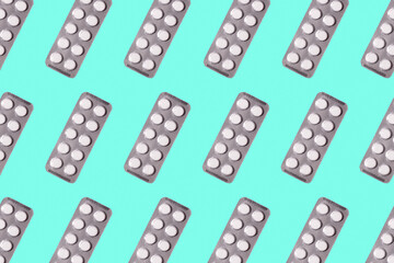 Seamless pattern of pills and tablets in packs on turquoise background. Medicine, pharmacy concept. Against diseases and coronavirus
