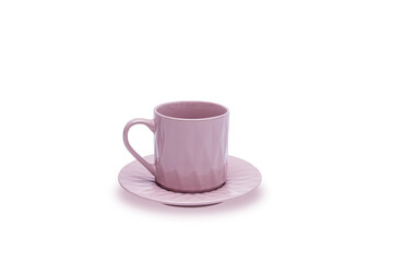 Lavender ceramic cup on a saucer. Cup and saucer, isolated on a white background.