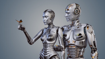 3d render of two futuristic robots man and woman carefully looking at the butterfly sitting on female's forefinger. Upper bodies isolated on color background 