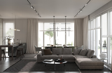 Obraz na płótnie Canvas Minimalism modern interior design. Studio living room with sofa, carpet and coffe table. Dining room with luxury table and chairs. 3d rendering. 3d illustration.