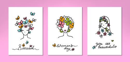 Set of 8 March greeting cards. Hand drawn modern women faces of different nationalities. Vector illustration