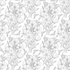 Monochrome doodle flower seamless pattern for adult coloring book. Vector sketch illustration, hand drawn style.