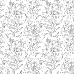 Monochrome doodle flower seamless pattern for adult coloring book. Vector sketch illustration, hand drawn style.