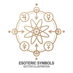 Esoteric symbols. Vector. Thin line geometric badge. Outline icon for alchemy or sacred geometry. Mystic and magic design with atom