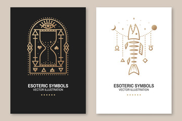 Esoteric symbols, poster, flyer. Vector. Thin line geometric badge. Outline icon for alchemy or sacred geometry. Mystic and magic design with fish bone, all-seeing eye and hourglass