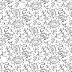 Monochrome doodle flower seamless pattern for adult coloring book. Vector hand drawn illustration.