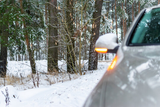 The Car Broke Down In The Winter Forest. The Car Got Stuck In The Winter In The Cold.