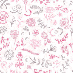 Fototapeta na wymiar Pink floral background. Vector floral Seamless pattern. Hand Drawn Doodles Flowers and Leaves. 