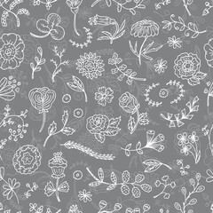 Gray floral background. Vector floral Seamless pattern. Hand Drawn Doodles Flowers and Leaves.
