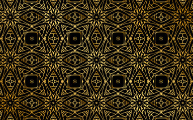 Ethnic gold pattern of geometric shapes and stylized flowers for wallpaper. Texture on a black background.Vector graphics for design and decoration.