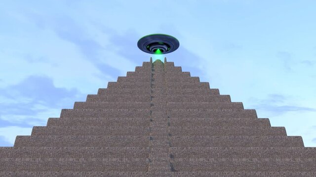 Pir&aacute;mide  escalonada,  con  ovni girando encima 3d render