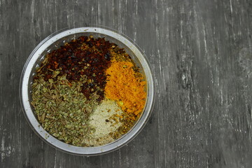 set of spices in a plastic jar, top view