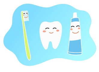 Vector illustration. Cute flat style. Toothpaste, toothbrush, and tooth. Healthy habit. Smiling cartoon characters. Infographics for kids.