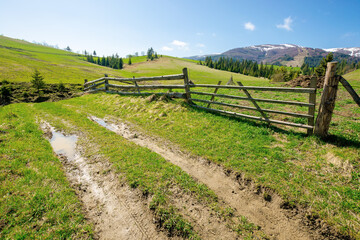 Fototapeta na wymiar rural landscape in mountains. wooden fence along the path through grassy fields on rolling hills. snow capped ridge in the distance beneath a blue sky. beautiful nature scenery on a bright sunny day