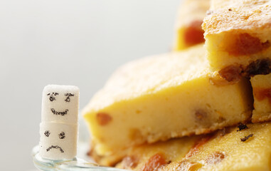 Cottage cheese casserole with raisins filling.