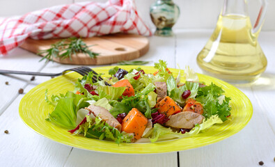 Dietary salad with roast turkey, pumpkin and green lettuce on a white wooden background.