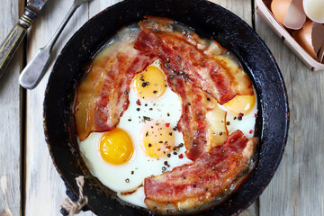 Scrambled eggs with bacon in a frying pan. Traditional delicious breakfast. Juicy appetizing scrambled eggs with bacon.