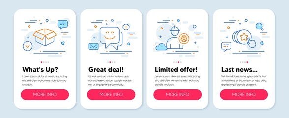 Set of Business icons, such as Engineer, Opened box, Smile face symbols. Mobile app mockup banners. Hold heart line icons. Worker with cogwheel, Shipping parcel, Chat. Love brand. Vector