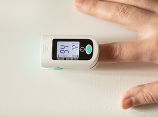 Pulse oximeter on finger showing oxygen saturation and heart rate. Oxymeter.