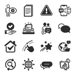 Set of Technology icons, such as Typewriter, Search, Messenger symbols. Augmented reality, Statistics timer, Approved checkbox signs. Swipe up, Copy files, International globe. Cogwheel. Vector