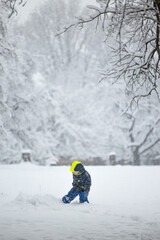 Happy child in blue winter jacket enjoys playing in the snow between trees.