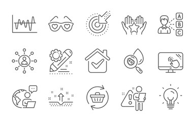 Networking, Water analysis and Project edit line icons set. Targeting, Clean skin and Touch screen signs. Energy, Refresh cart and Opinion symbols. Ranking, Stock analysis and Love glasses. Vector