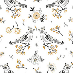 Seamless Spring Floral Pattern with Birds and Flowers. Summer Vector Flower Background with Songbirds
