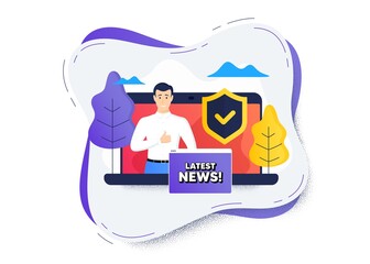 Latest news symbol. Protect computer online icon. Remote education class. Media newspaper sign. Daily information. Safety shield icon. Latest news banner. Vector