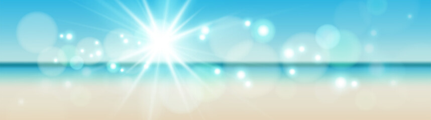 Summer background vector illustration. Blurred summer beach, sun, sky, sea, ocean and sand. Summer landscape .Eps10