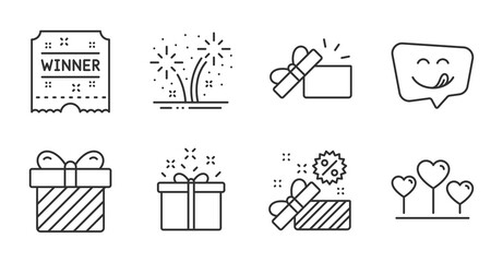 Surprise, Love heart and Special offer line icons set. Opened gift, Yummy smile and Winner ticket signs. Fireworks, Sale symbols. Present with bow, Romantic feelings, Delivery box. Vector