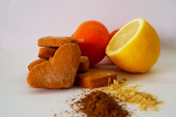 heart-shaped cookies made of cinnamon and ginger dough with fruit