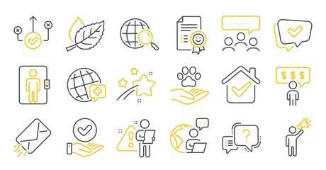 Set of Business icons, such as World medicine, Smile, Question mark symbols. Approved, Correct way, E-mail signs. Elevator, Employee benefits, Pets care. Leaf, Brand ambassador, Web search. Vector