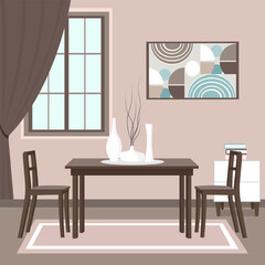 A neutral interior with table and chairs and a window with curtains.