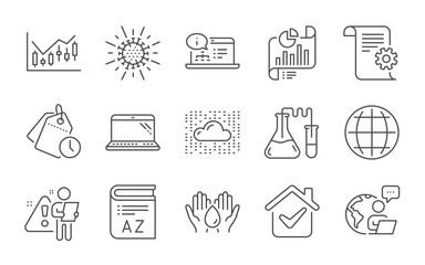 Cloud system, Chemistry lab and Vocabulary line icons set. Report document, Time management and Globe signs. Safe water, Laptop and Financial diagram symbols. Line icons set. Vector