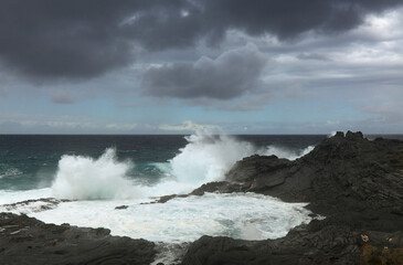Gran Canaria, north coast, powerful ocean waves brought by winter wind storm
