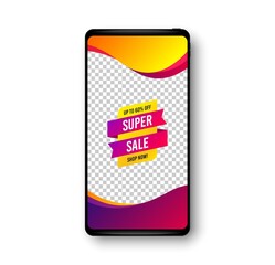 Super sale banner. Phone mockup vector banner. Discount sticker shape. Coupon tag icon. Social story post template. Super sale badge. Cell phone frame. Liquid modern background. Vector