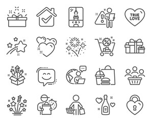 Holidays icons set. Included icon as Shopping cart, True love, Fireworks stars signs. Present box, Love lock, Buyer symbols. Holiday presents, Fireworks, Buyers. Heart, Smile face. Vector