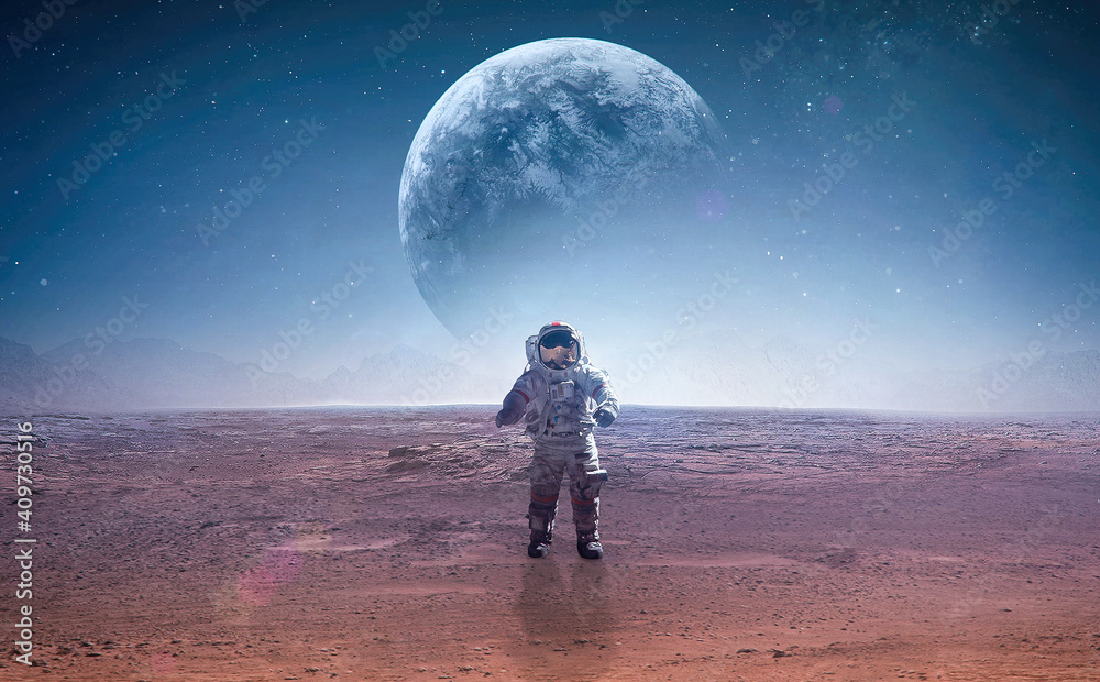 Poster Spaceman on surface of red planet. Astronaut at space. Planet on background. Landscape of other world. Elements of this image furnished by NASA.