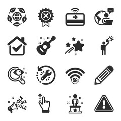 Set of Business icons, such as Success, Pencil, Guitar symbols. Recovery tool, Contactless payment, Ole chant signs. Vision test, 5g wifi, Reject medal. Brand ambassador, Eco organic. Vector
